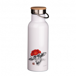 Thermoflasche mit Bambusdeckel 500 ml – Bollenhut Kuh mit Blume